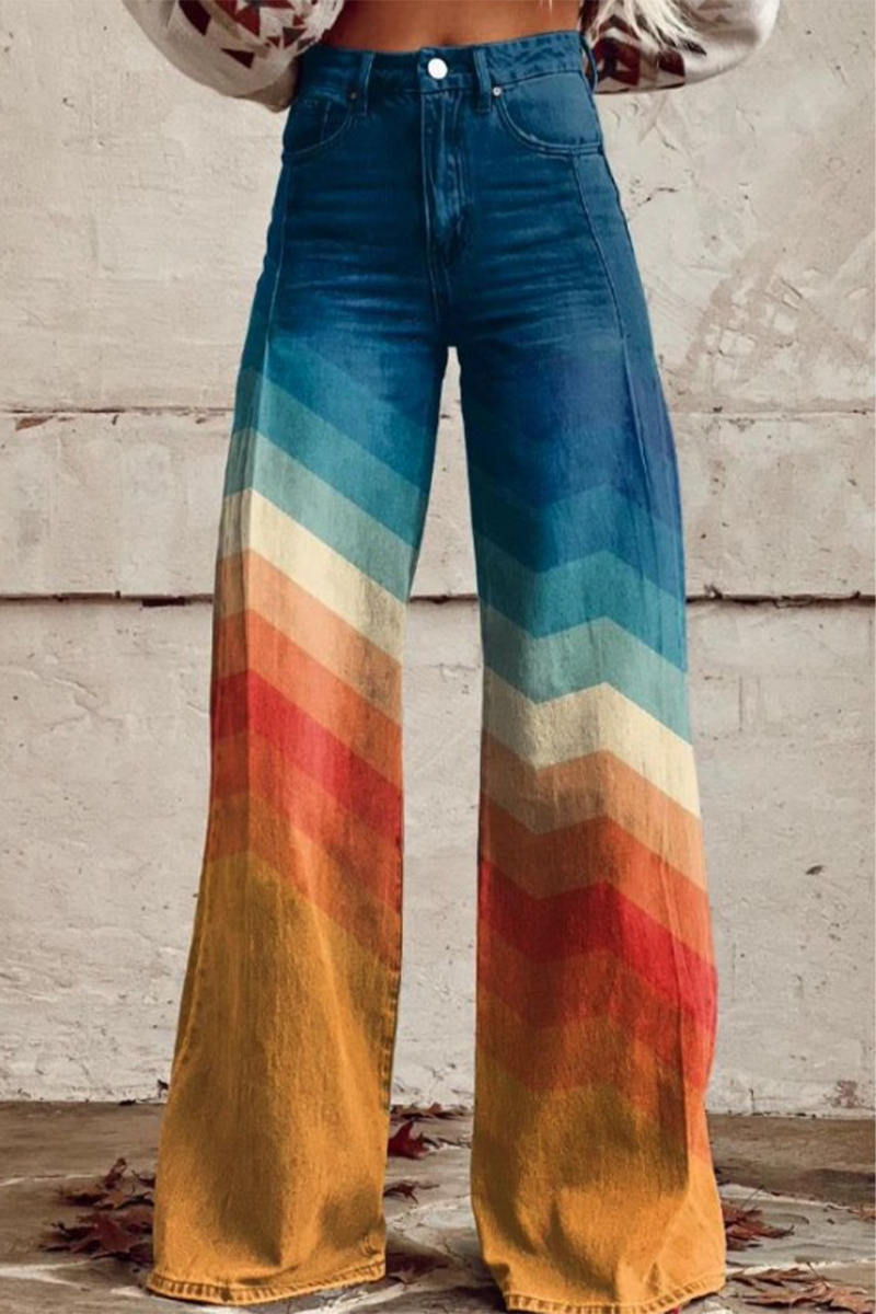 Pantalones casuales de calle con estampado geométrico, estampado animal, flores, botones, contraste, cintura alta, holgados, pierna ancha, estampado completo (10 colores)