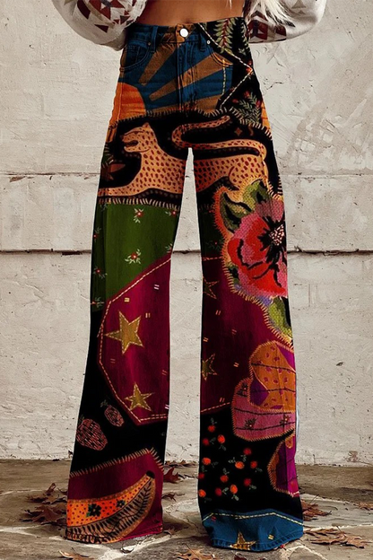Pantalones casuales de calle con estampado geométrico, estampado animal, flores, botones, contraste, cintura alta, holgados, pierna ancha, estampado completo (10 colores)