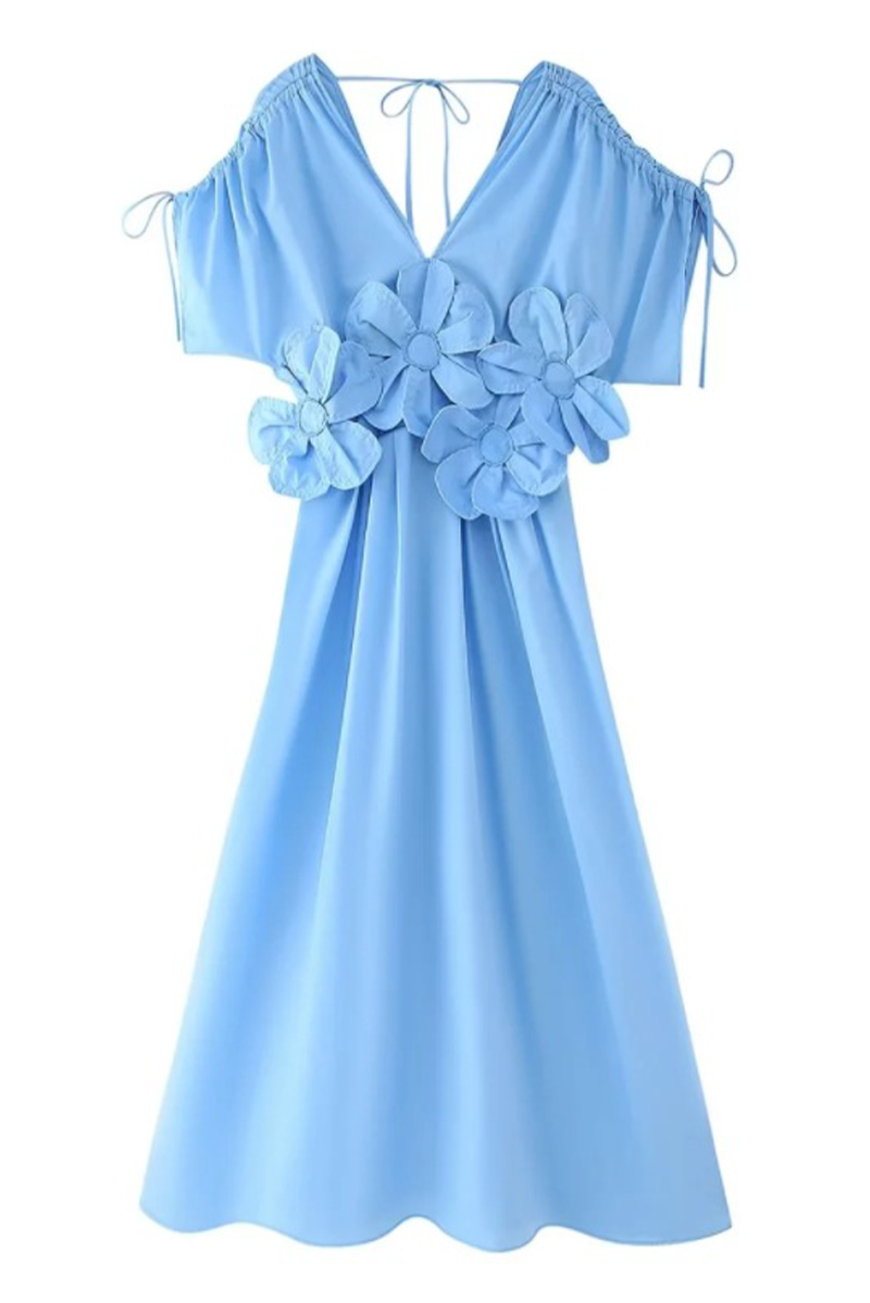 Elegante vestido con falda y escote en V y flores de color liso con cordón ajustable