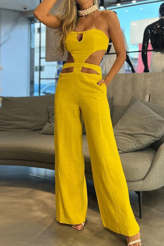 Mono ajustado sin tirantes, sexy, de color sólido, con bolsillos calados y para uso diario