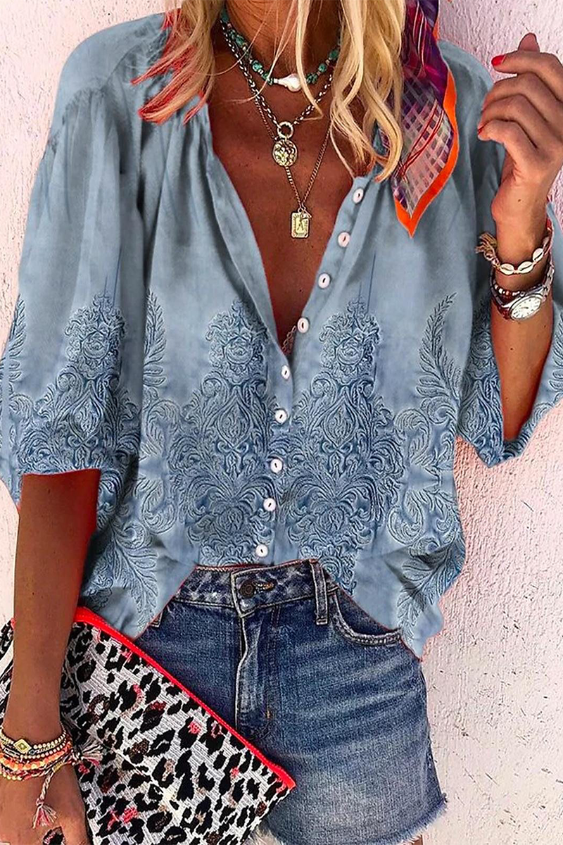 Blusa informal de uso diario con estampado de rayas, botones y cuello en V en contraste (8 colores)