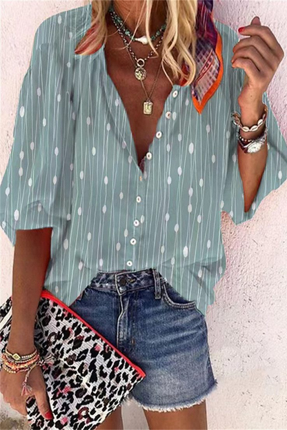 Blusa informal de uso diario con estampado de rayas, botones y cuello en V en contraste (8 colores)