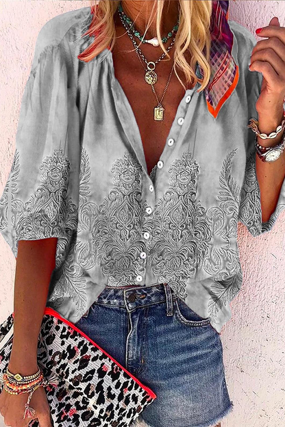 Blusa informal de uso diario con estampado de rayas, botones y cuello en V en contraste (8 colores)