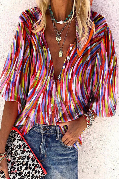 Blusa informal de uso diario con estampado de rayas, botones y cuello en V en contraste (8 colores)