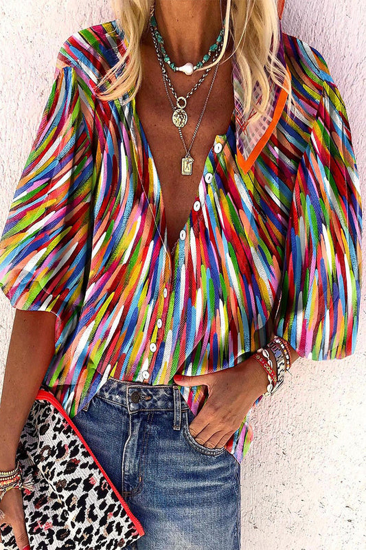 Blusa informal de uso diario con estampado de rayas, botones y cuello en V en contraste (8 colores)