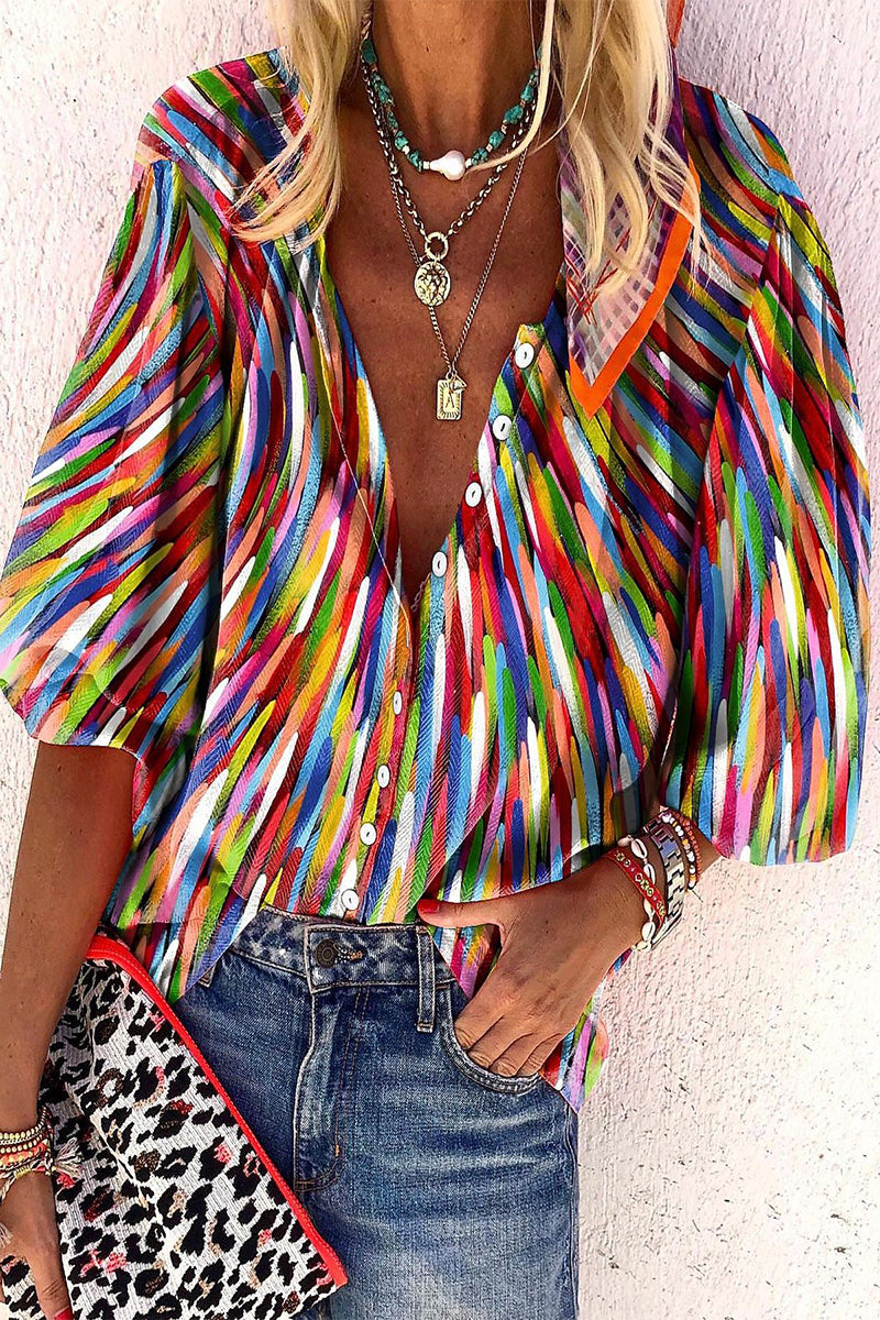 Blusa informal de uso diario con estampado de rayas, botones y cuello en V en contraste (8 colores)