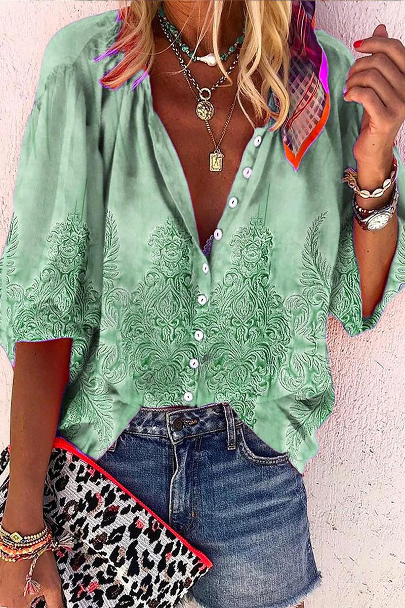 Blusa informal de uso diario con estampado de rayas, botones y cuello en V en contraste (8 colores)