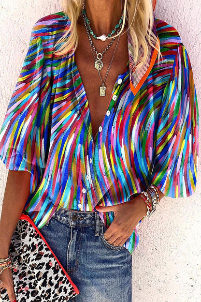 Blusa informal de uso diario con estampado de rayas, botones y cuello en V en contraste (8 colores)