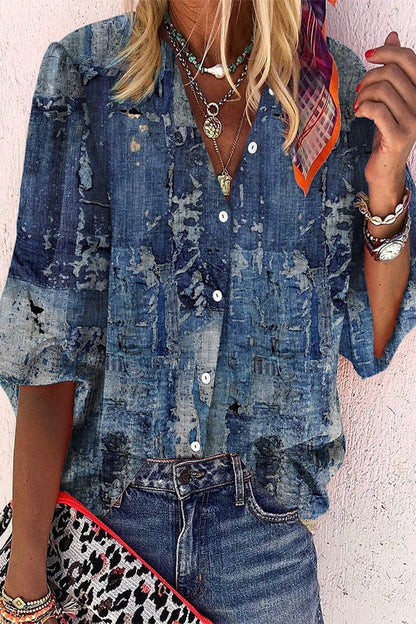 Blusa informal de uso diario con estampado de rayas, botones y cuello en V en contraste (8 colores)