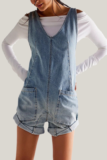 Mono vaquero recto informal de uso diario con estampado degradado, bolsillo en contraste, cuello en V, sin mangas