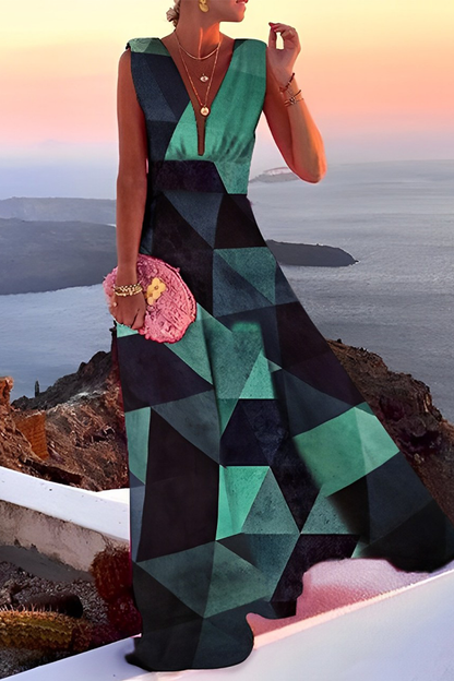 Vestidos casuales con estampado de patchwork, cuello en V y falda pastel (5 colores)
