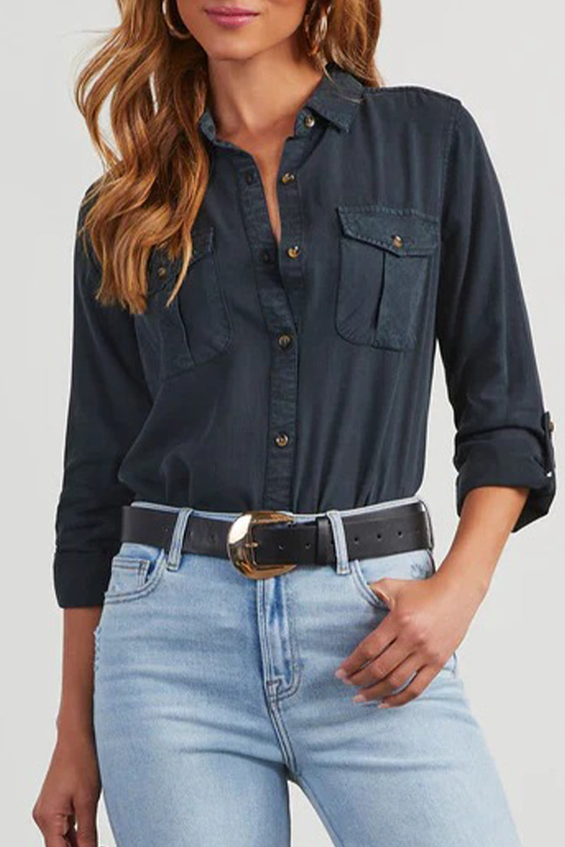 Blusas casuales de uso diario, de color liso, con bolsillos, botones y cuello vuelto (4 colores)