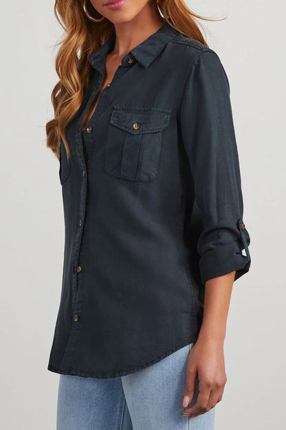 Blusas casuales de uso diario, de color liso, con bolsillos, botones y cuello vuelto (4 colores)