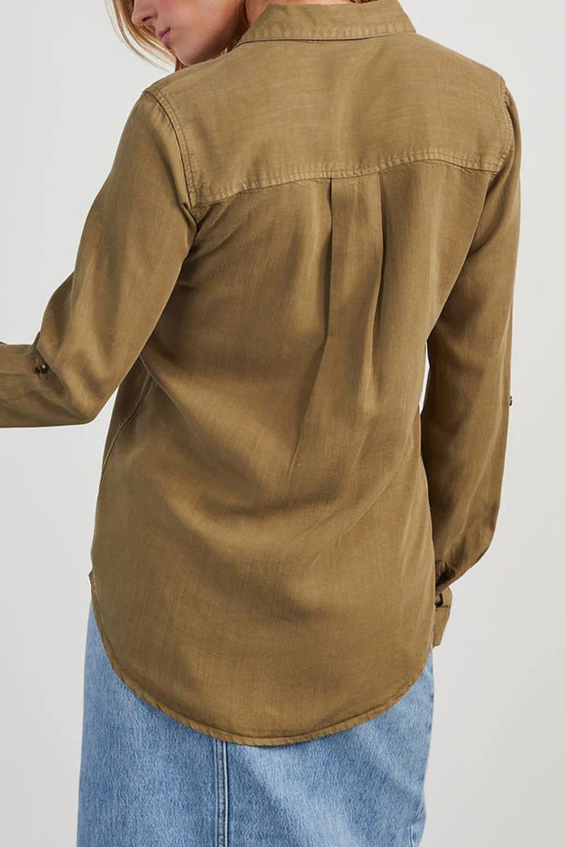 Blusas casuales de uso diario, de color liso, con bolsillos, botones y cuello vuelto (4 colores)