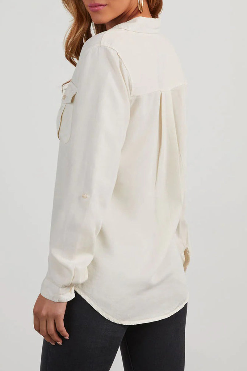 Blusas casuales de uso diario, de color liso, con bolsillos, botones y cuello vuelto (4 colores)