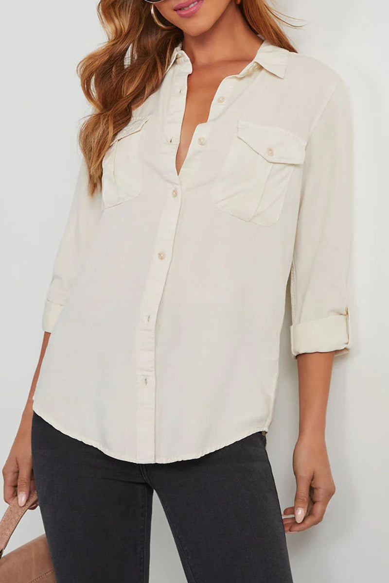 Blusas casuales de uso diario, de color liso, con bolsillos, botones y cuello vuelto (4 colores)