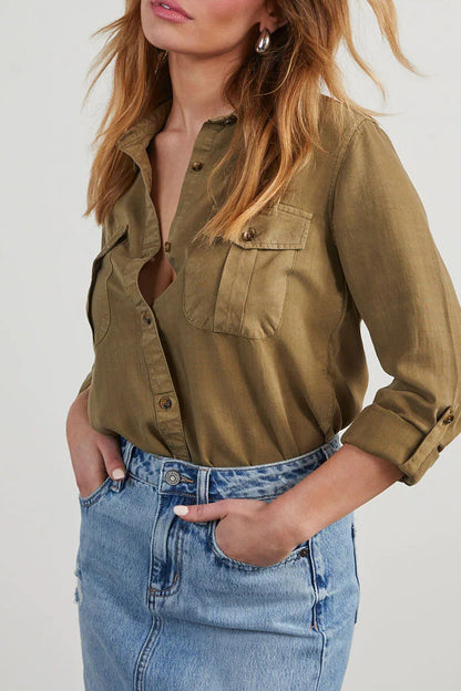Blusas casuales de uso diario, de color liso, con bolsillos, botones y cuello vuelto (4 colores)