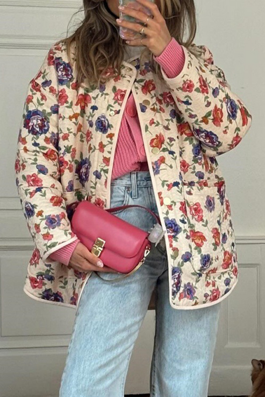 Prendas de abrigo informales con cuello redondo y estampado de flores y bolsillos