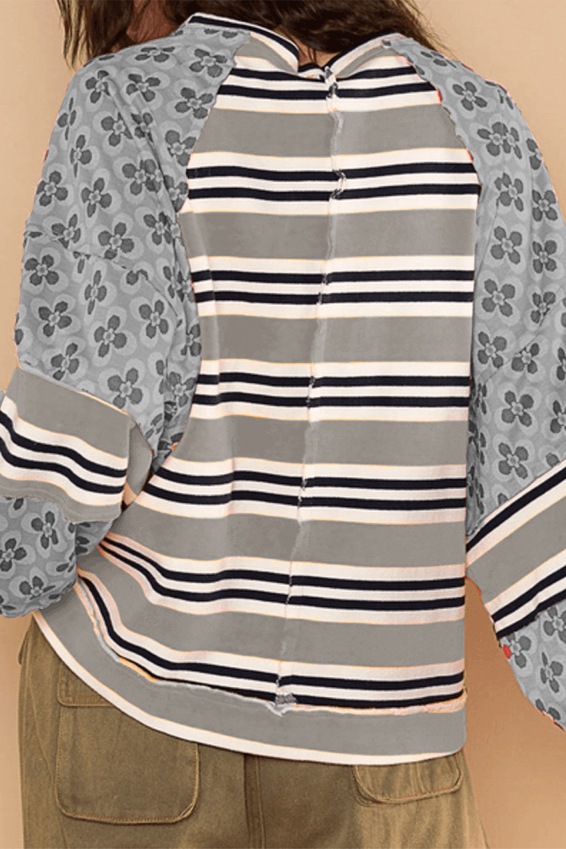 Sudadera informal con cuello redondo, estampado floral y rayas en contraste (6 colores)