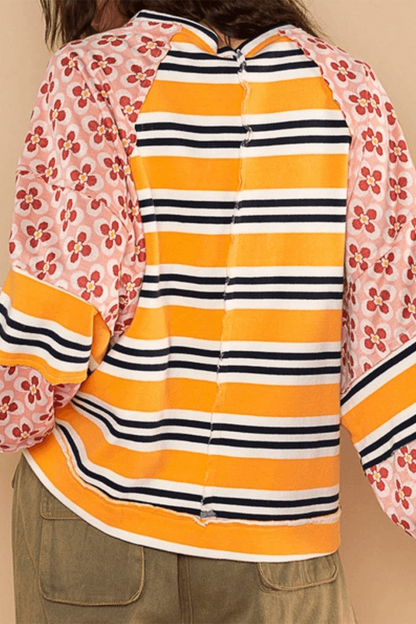 Sudadera informal con cuello redondo, estampado floral y rayas en contraste (6 colores)