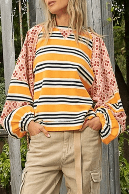 Sudadera informal con cuello redondo, estampado floral y rayas en contraste (6 colores)