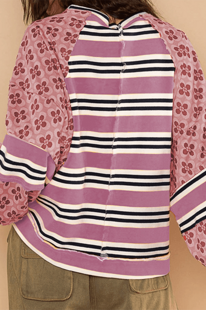 Sudadera informal con cuello redondo, estampado floral y rayas en contraste (6 colores)