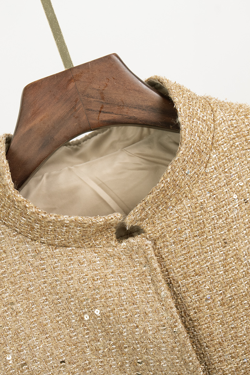 Prendas de abrigo informales de cuello mandarín con retazos de lentejuelas de color sólido para uso diario