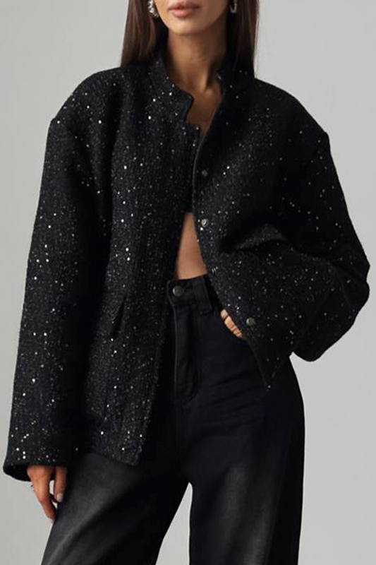 Prendas de abrigo informales de cuello mandarín con retazos de lentejuelas de color sólido para uso diario