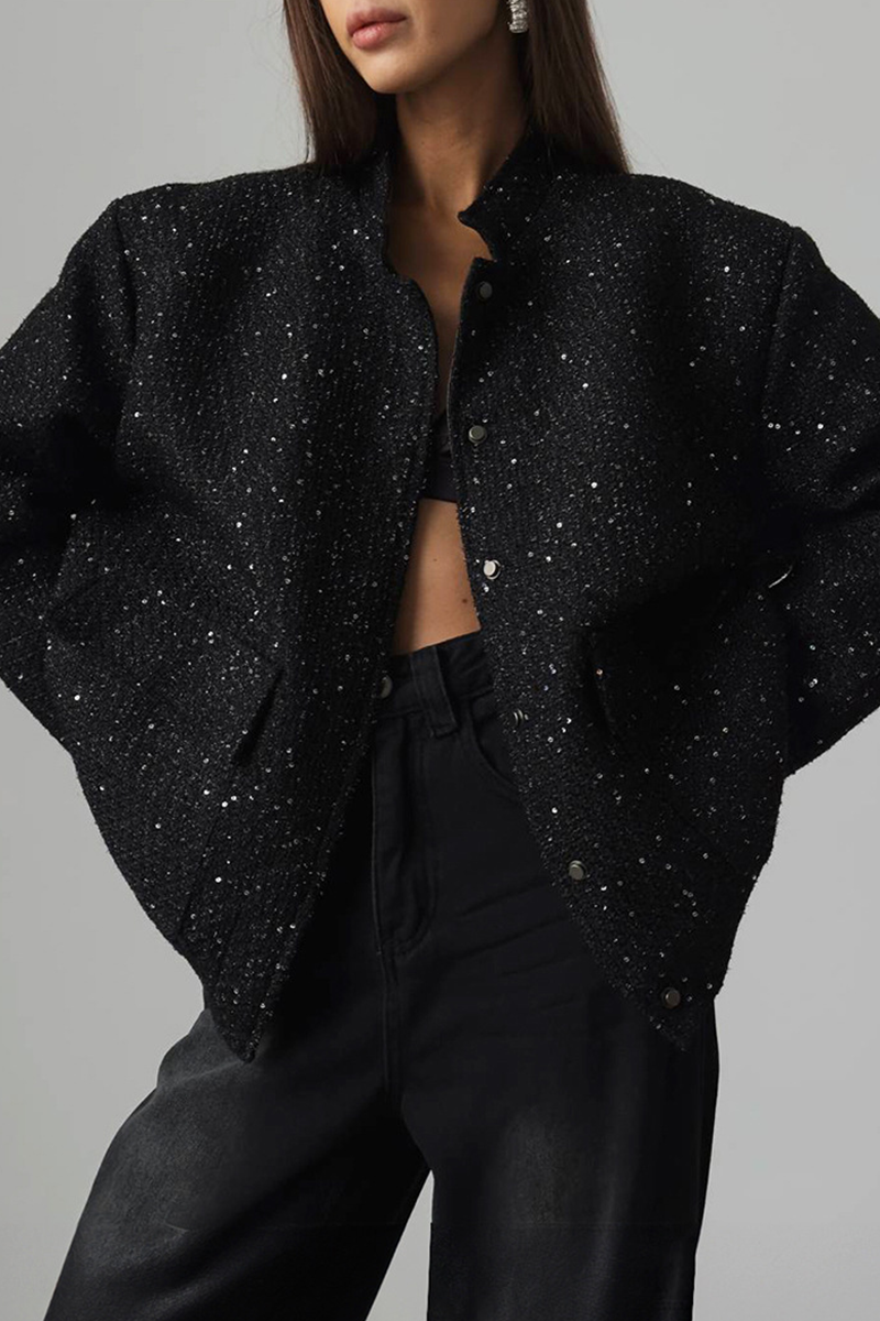 Prendas de abrigo informales de cuello mandarín con retazos de lentejuelas de color sólido para uso diario