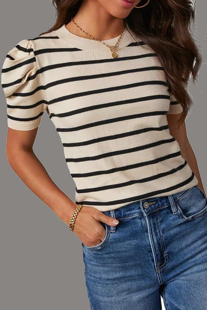 Camisetas casuales de rayas con cuello redondo y tejido fruncido (5 colores)