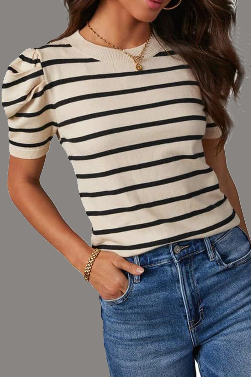 Camisetas casuales de rayas con cuello redondo y tejido fruncido (5 colores)