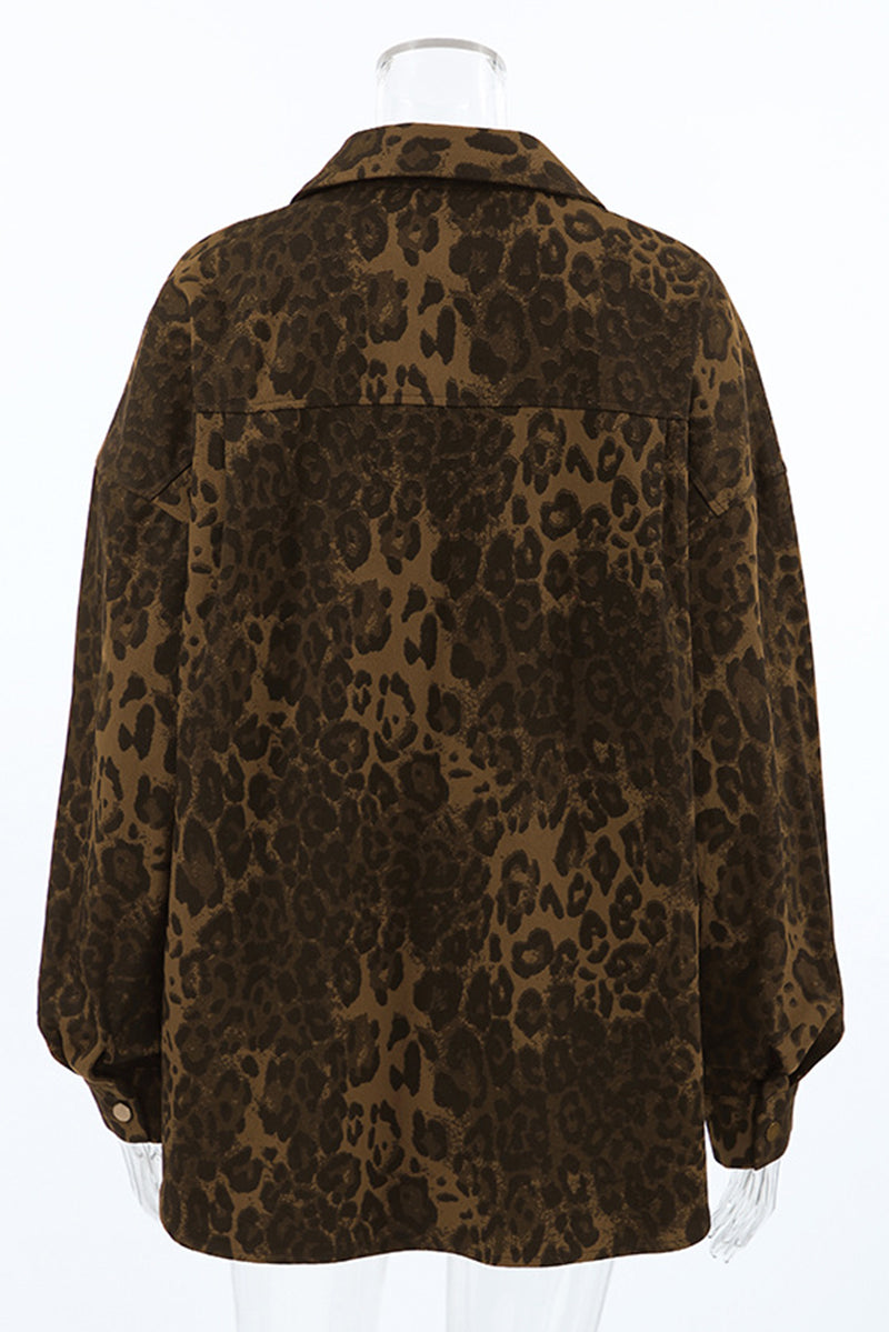 Blusas casuales con cuello vuelto, botones y estampado de leopardo
