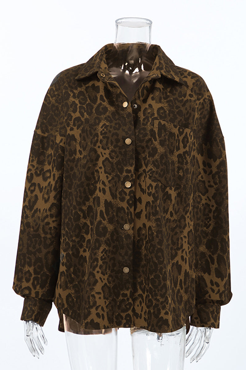 Blusas casuales con cuello vuelto, botones y estampado de leopardo