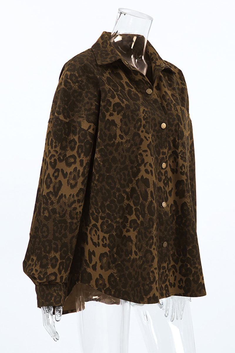 Blusas casuales con cuello vuelto, botones y estampado de leopardo