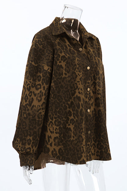 Blusas casuales con cuello vuelto, botones y estampado de leopardo