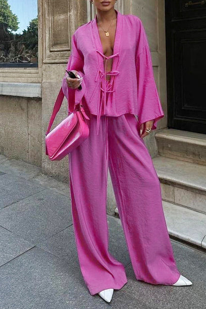 Conjunto informal de dos piezas con cuello en V, manga larga, color sólido, bolsillo y cordones para uso diario