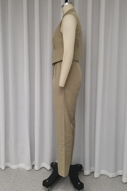 Conjunto informal de dos piezas, color liso, sin cinturón, con cremallera y cuello mandarín, sin mangas