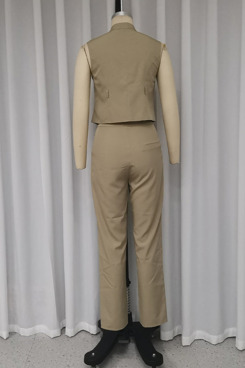 Conjunto informal de dos piezas, color liso, sin cinturón, con cremallera y cuello mandarín, sin mangas