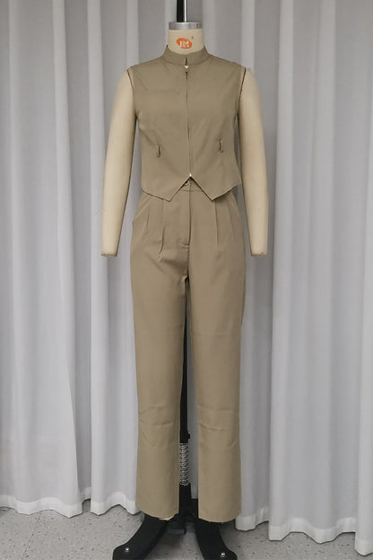 Conjunto informal de dos piezas, color liso, sin cinturón, con cremallera y cuello mandarín, sin mangas