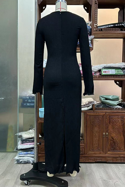 Vestidos sexis de color sólido con abertura en forma de flor, cuello en V y manga larga