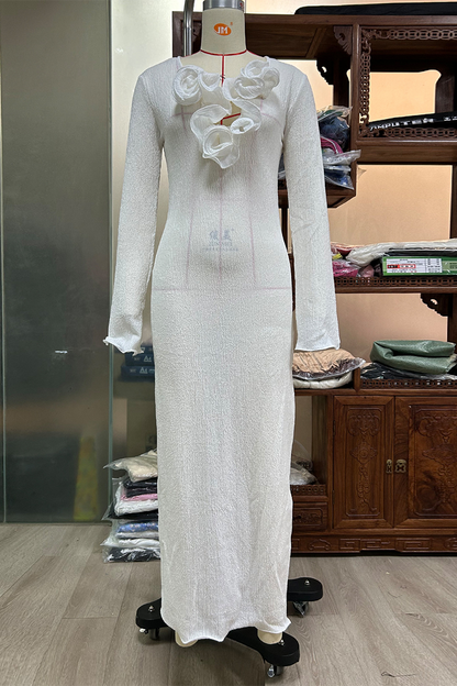 Vestidos sexis de color sólido con abertura en forma de flor, cuello en V y manga larga