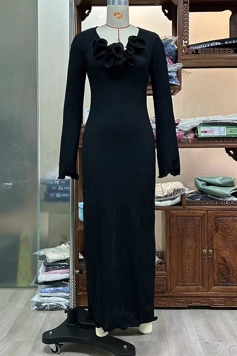 Vestidos sexis de color sólido con abertura en forma de flor, cuello en V y manga larga