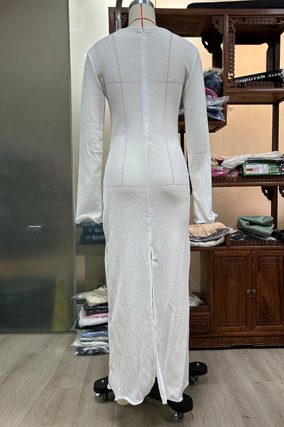 Vestidos sexis de color sólido con abertura en forma de flor, cuello en V y manga larga