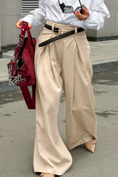 Pantalones casuales de calle fruncidos, sueltos, de cintura alta, con pierna ancha y color liso