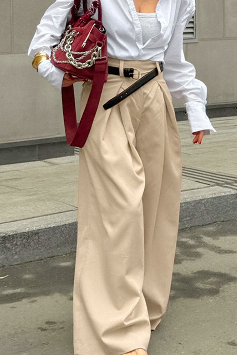 Pantalones casuales de calle fruncidos, sueltos, de cintura alta, con pierna ancha y color liso