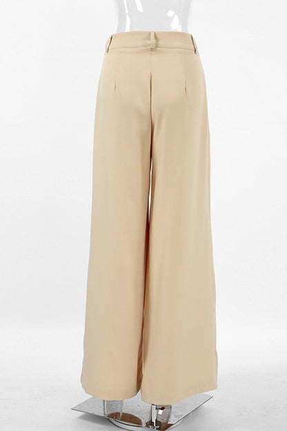 Pantalones casuales de calle fruncidos, sueltos, de cintura alta, con pierna ancha y color liso