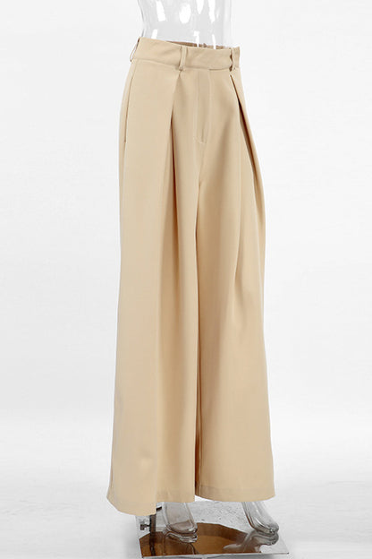 Pantalones casuales de calle fruncidos, sueltos, de cintura alta, con pierna ancha y color liso