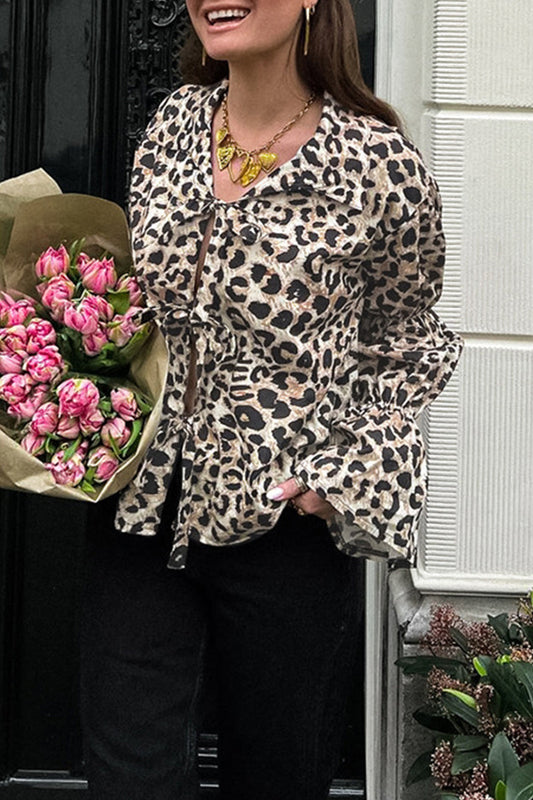 Blusas casuales con cuello vuelto, cordones y estampado de leopardo