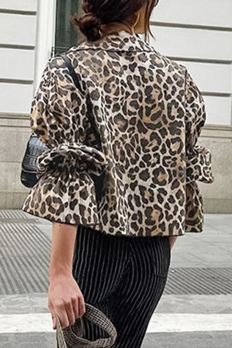 Blusas casuales con cuello vuelto, cordones y estampado de leopardo