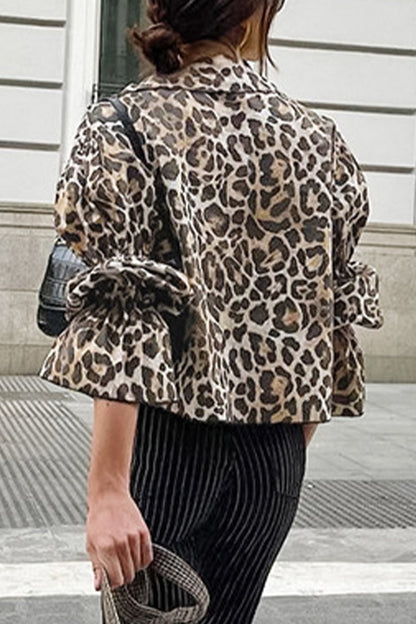 Blusas casuales con cuello vuelto, cordones y estampado de leopardo